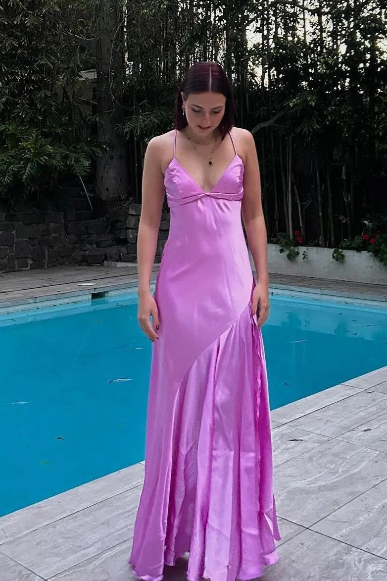 Chic Fuchsia Sheath Spaghetti Strap V-Neck Open Back Maxi Evening Dresses