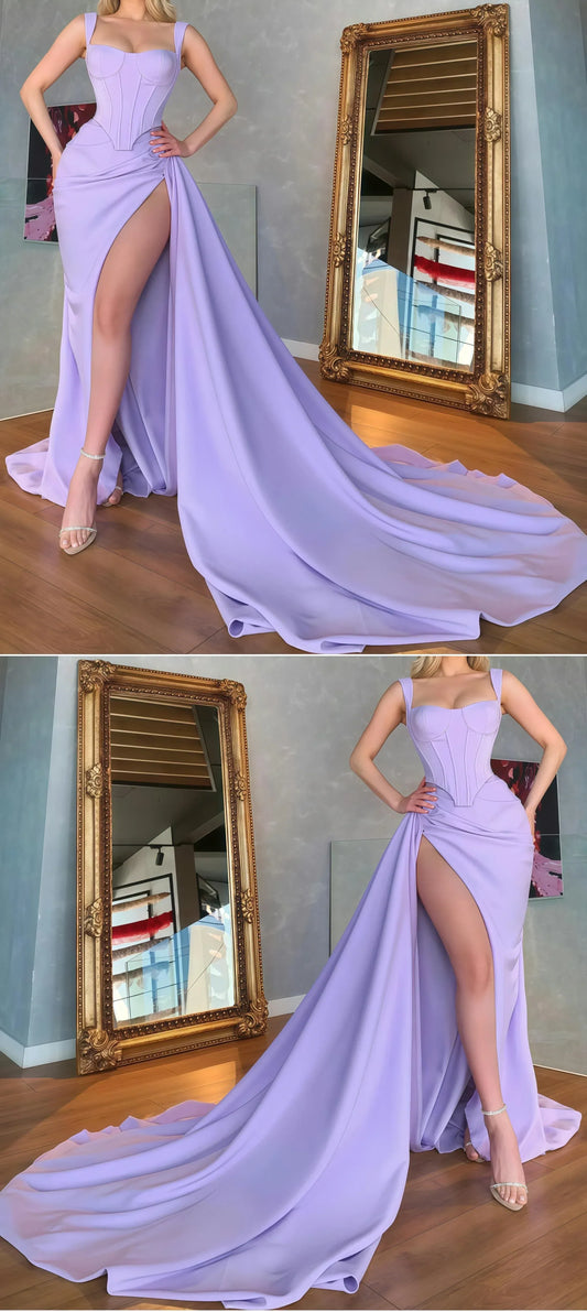 Chic Mermaid Sweetheart Wide-Strap Slit Lavender Train Formal Gown.