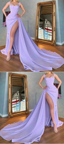 Chic Mermaid Sweetheart Wide-strap Solid-back Train-length Slit Formal Gown