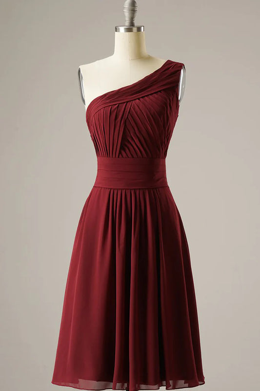 Chic One-Shoulder Pleated A-Line Short Homecoming Prom Dress.