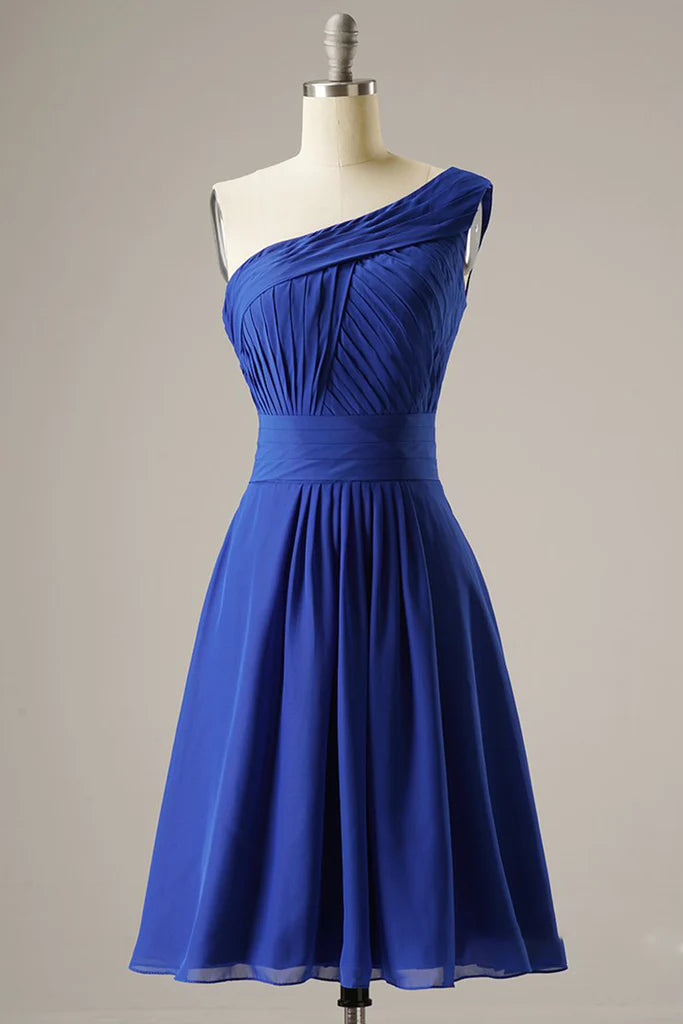 Chic One-Shoulder Pleated A-Line Short Homecoming Prom Dress.