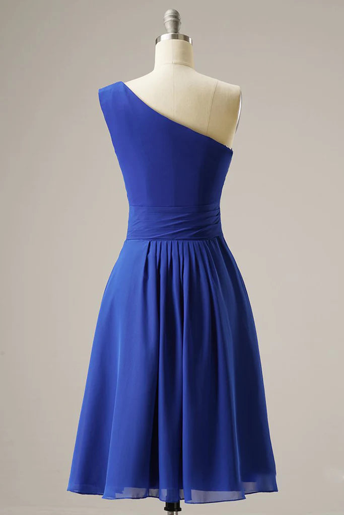 Chic One-Shoulder Pleated A-Line Short Homecoming Prom Dress.