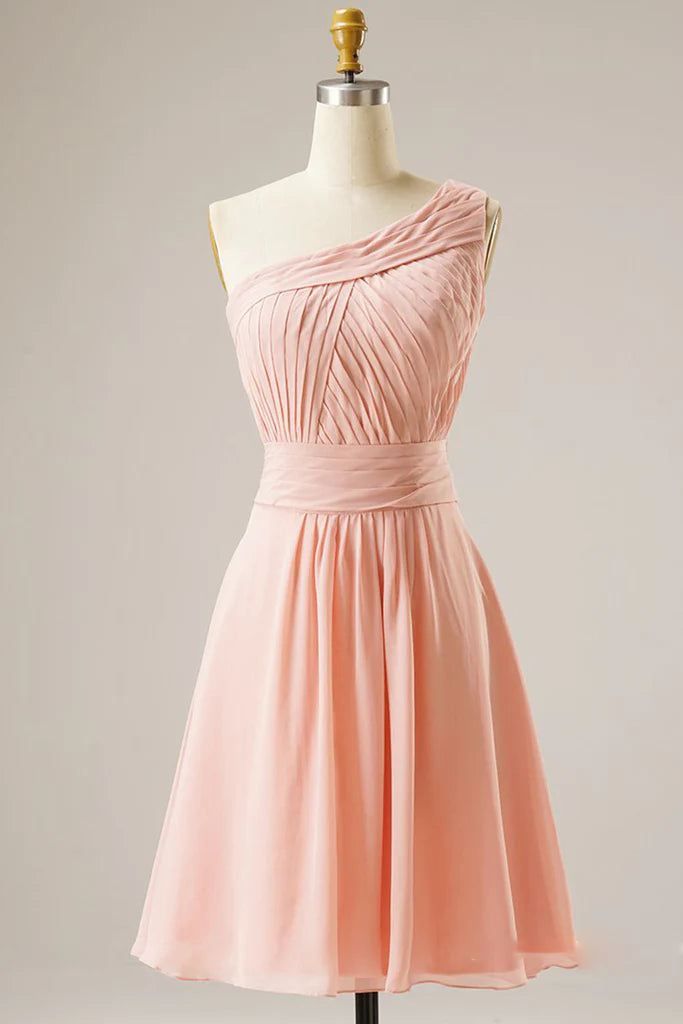 Chic One-Shoulder Pleated A-Line Short Homecoming Prom Dress.