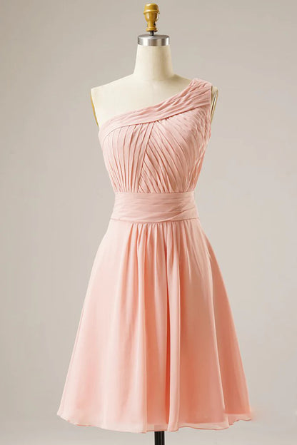 Chic One-Shoulder Pleated A-Line Short Homecoming Prom Dress.