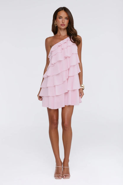 Chic Ruffled A-Line One-Shoulder Short Mini Homecoming Dress.