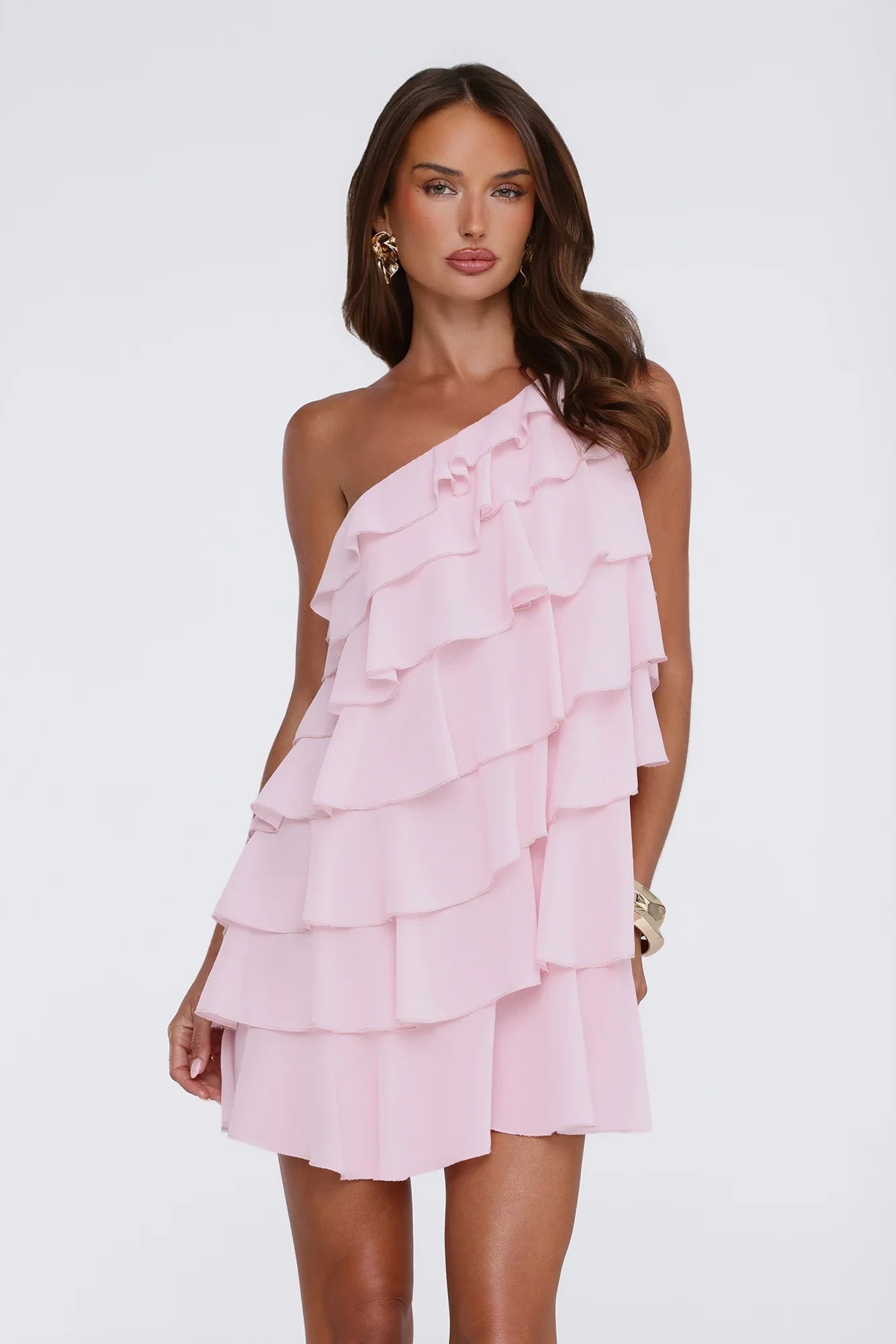 Side view of a Ruffled A-Line One-Shoulder Short Mini Homecoming Dress.