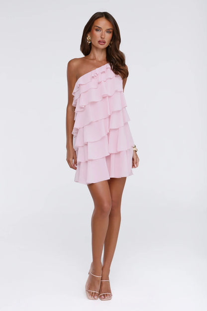 Model in a Chic Ruffled A-Line One-Shoulder Short Mini Homecoming Dress.