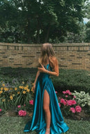 Chic Sheath Spaghetti-neck Spaghetti-strap Solid-back Floor-length Slit Prom Dress