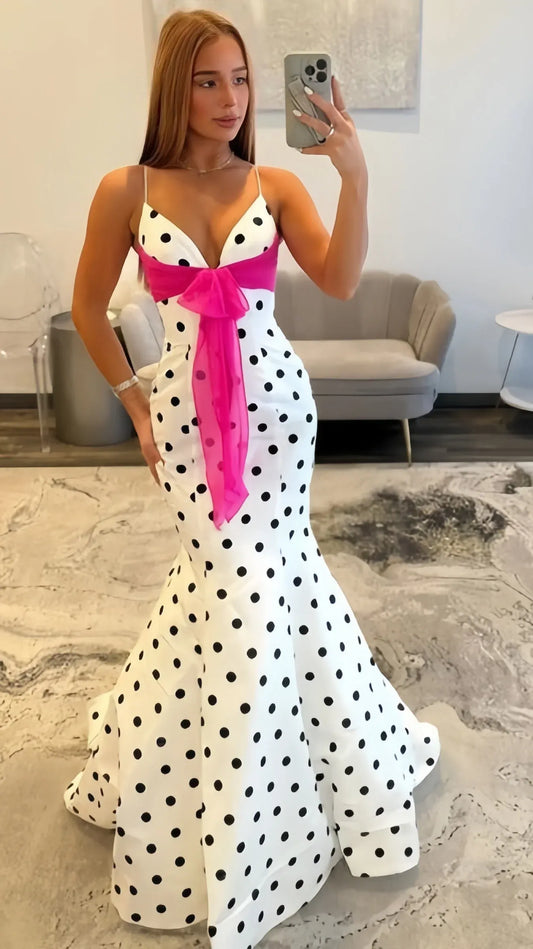 Chic White Polka Dot Mermaid Prom Dress with Pink Bow Spaghetti Straps.
