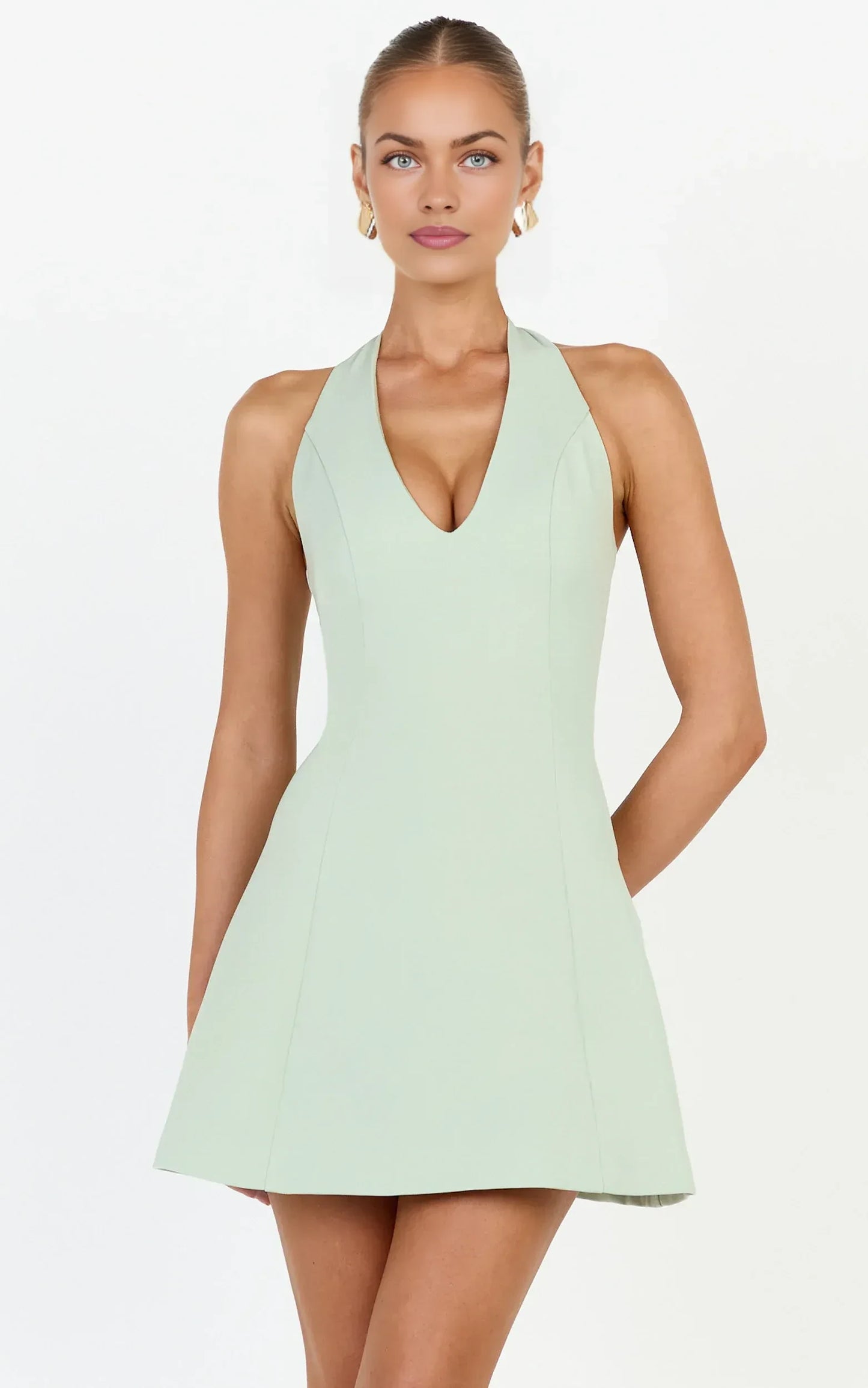 Chic A-Line Deep V-Neck Halter Sleeveless Tie-Back Mini Homecoming Dresses for Parties