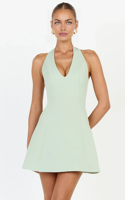 Chic A-Line Deep V-Neck Halter Sleeveless Tie-Back Mini Homecoming Dresses for Parties