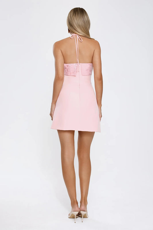 Blushing Pink Crepe A-Line Halter neckline Backless Short Dress