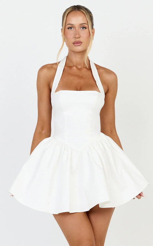 White Satin A-Line Halter neckline Back Zip Short Dress