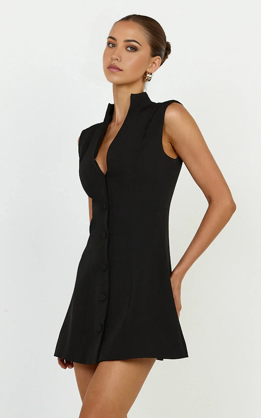 Chic A-Line Stand Collar V-Neck Sleeveless Button-Front Mini Homecoming Dresses for Women