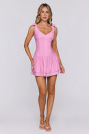 Chic A-Line V-Neck Sleeveless Shoulder-Tie Smocked Back Mini Homecoming Dresses