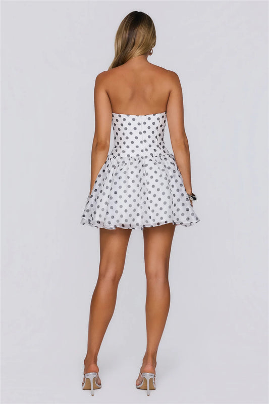White Organza A-Line Straight Neck Back Zip Short Dress