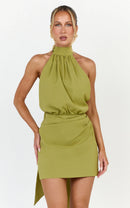 Chic Draped Halter Neck Sleeveless Open Back Mini Sheath Homecoming Dresses with Long Tie Detail