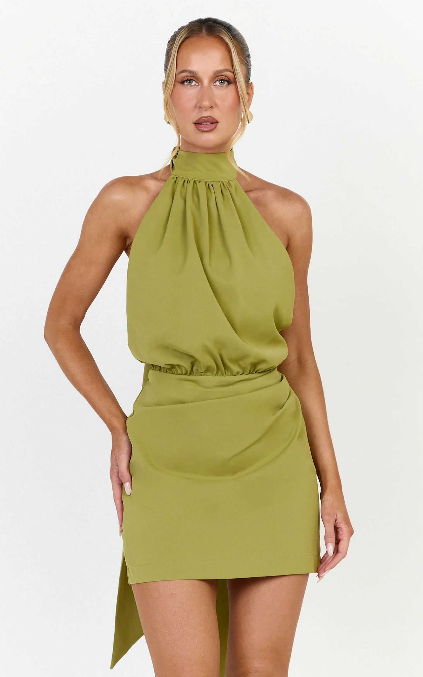 Chic Draped Halter Neck Sleeveless Open Back Mini Sheath Homecoming Dresses with Long Tie Detail
