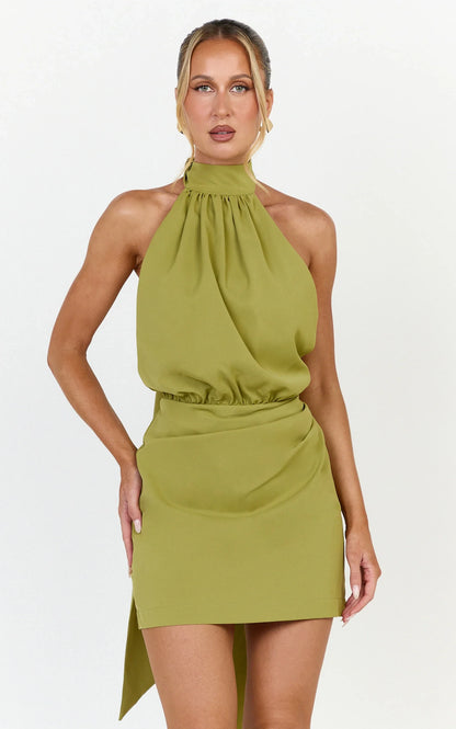 Chic Draped Halter Neck Sleeveless Open Back Mini Sheath Homecoming Dresses with Long Tie Detail