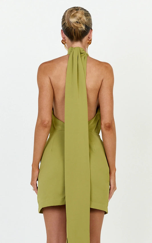 Chic Draped Halter Neck Sleeveless Open Back Mini Sheath Homecoming Dresses with Long Tie Detail