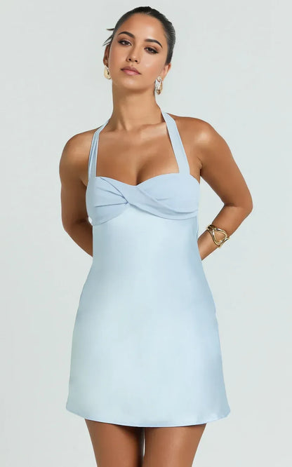 Chic Draped Halter Sweetheart A-Line Sleeveless Open Back Mini Homecoming Dress for Parties
