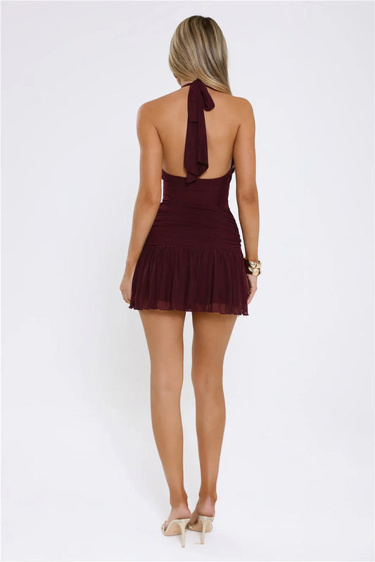 Burgundy Stretch Knit A-Line Halter neckline High Back Short Dress