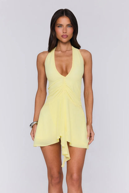 Chic Flowy Deep V-Neck Halter Sleeveless Open Back Mini Homecoming Dresses