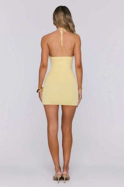 Chic Ribbed Bodycon Halter Neck Sleeveless Open Back Mini Length Homecoming Dresses with 3D Floral Applique