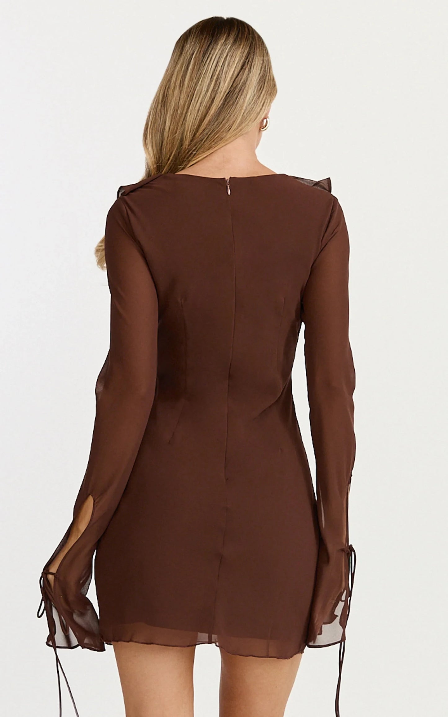 Chic Ruffled Plunge V-Neck Long Sheer Bell Sleeve High Back Mini Fitted Homecoming Dresses