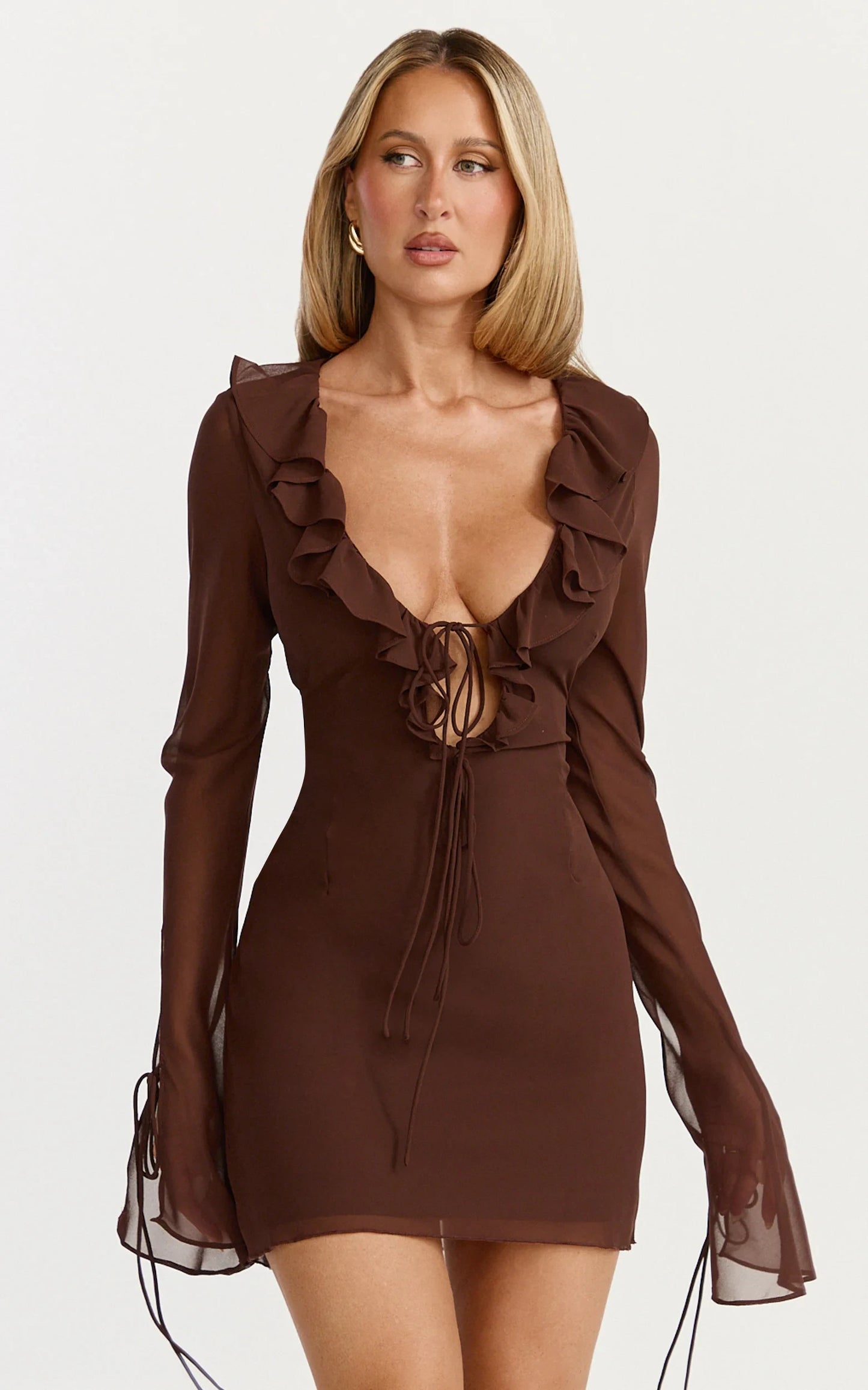 Chic Ruffled Plunge V-Neck Long Sheer Bell Sleeve High Back Mini Fitted Homecoming Dresses