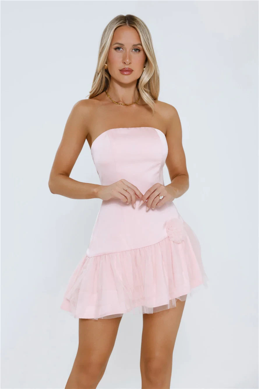Chic Strapless A-Line Mini Homecoming Dress with Tulle Hem and Subtle Floral Detail