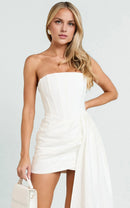 Chic Strapless Corset Bodice Draped Asymmetric Mini Homecoming Dress with Flowing Train
