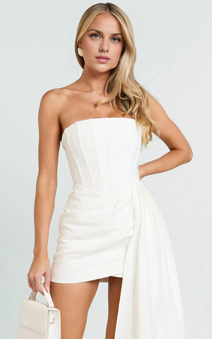Chic Strapless Corset Bodice Draped Asymmetric Mini Homecoming Dress with Flowing Train