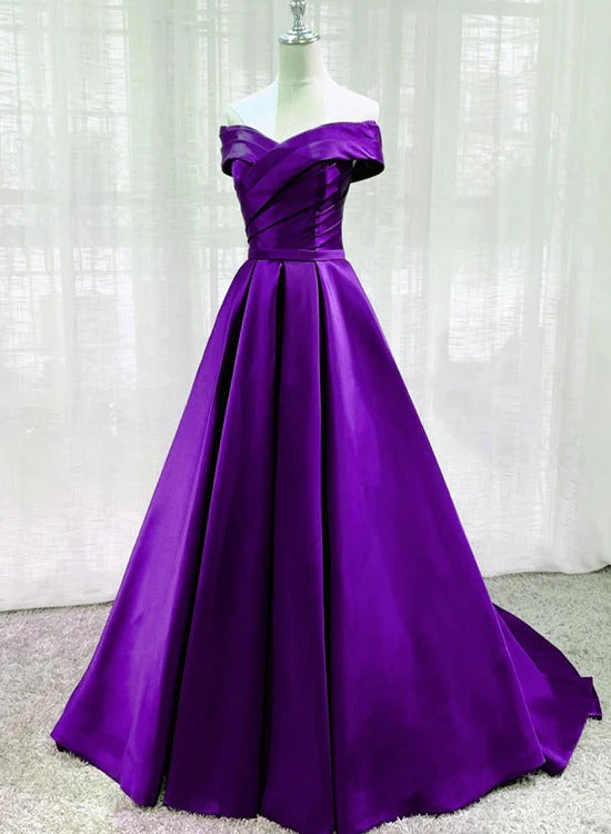Classic A-Line Off-the-Shoulder Lace-Up Back Satin Evening Dresses