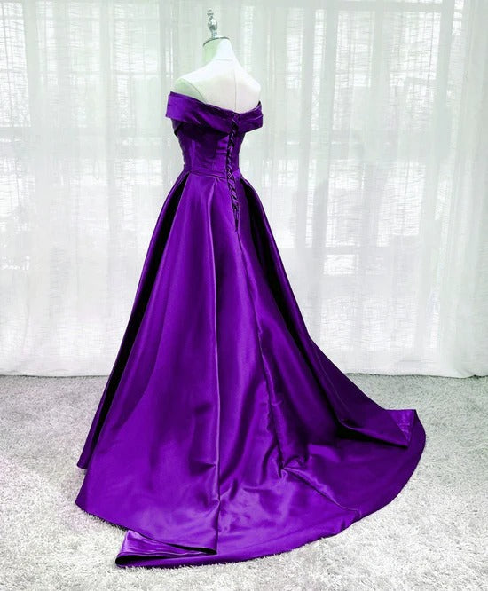 Classic A-Line Off-the-Shoulder Lace-Up Back Satin Evening Dresses