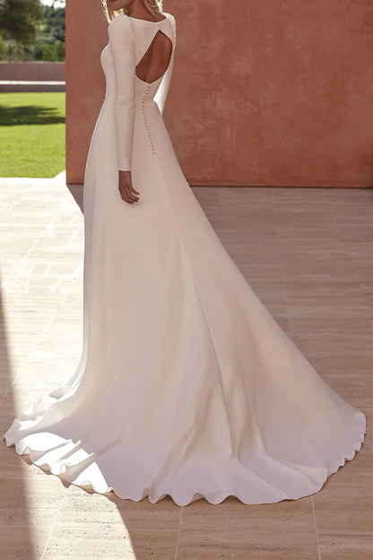 Classic A-Line Square-Neck Long-Sleeve Keyhole-Back Train-Length Wedding Dress