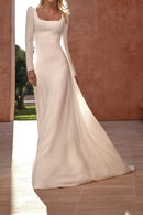 Classic A-Line Square-Neck Long-Sleeve Keyhole-Back Train-Length Wedding Dress