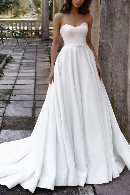 Classic Ball Gown Sweetheart Strapless Zipper Back Train Length Wedding Dress