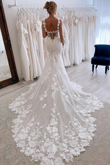 Classic Mermaid Plunge-V-Neck Spaghetti-Strap Open-Back Train-Length Wedding Dress