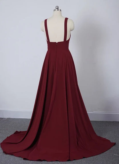 Burgundy V Neck Chiffon A Line Bridesmaid Dress With Slit And Train