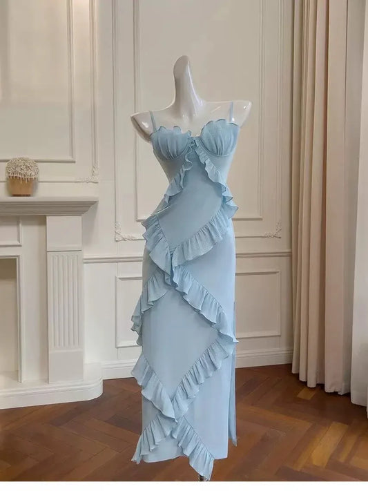 Dainty Sheath Sweetheart Spaghetti-Strap Ruffled Slit Baby Blue Midi Prom Dress.