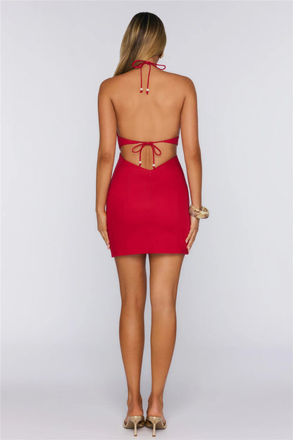Daring Red Bodycon Plunging Halter Sleeveless Open Back Mini Homecoming Dresses
