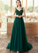 Emerald Green Tulle Prom Dress Bow Tie Straps Beaded Lace Appliques A Line