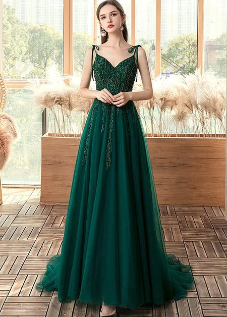 Emerald Green Tulle Prom Dress Bow Tie Straps Beaded Lace Appliques A Line