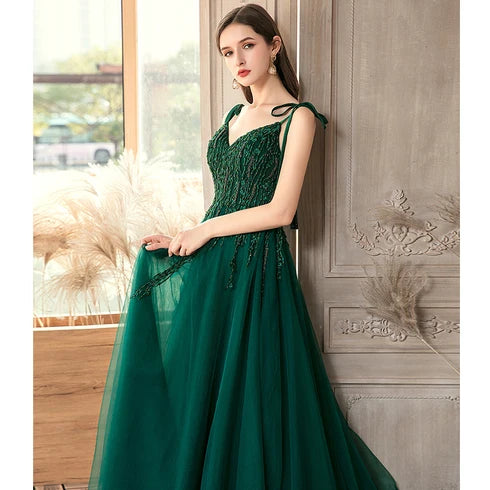 Emerald Green Tulle Prom Dress Bow Tie Straps Beaded Lace Appliques A Line