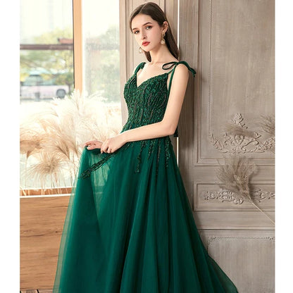Emerald Green Tulle Prom Dress Bow Tie Straps Beaded Lace Appliques A Line