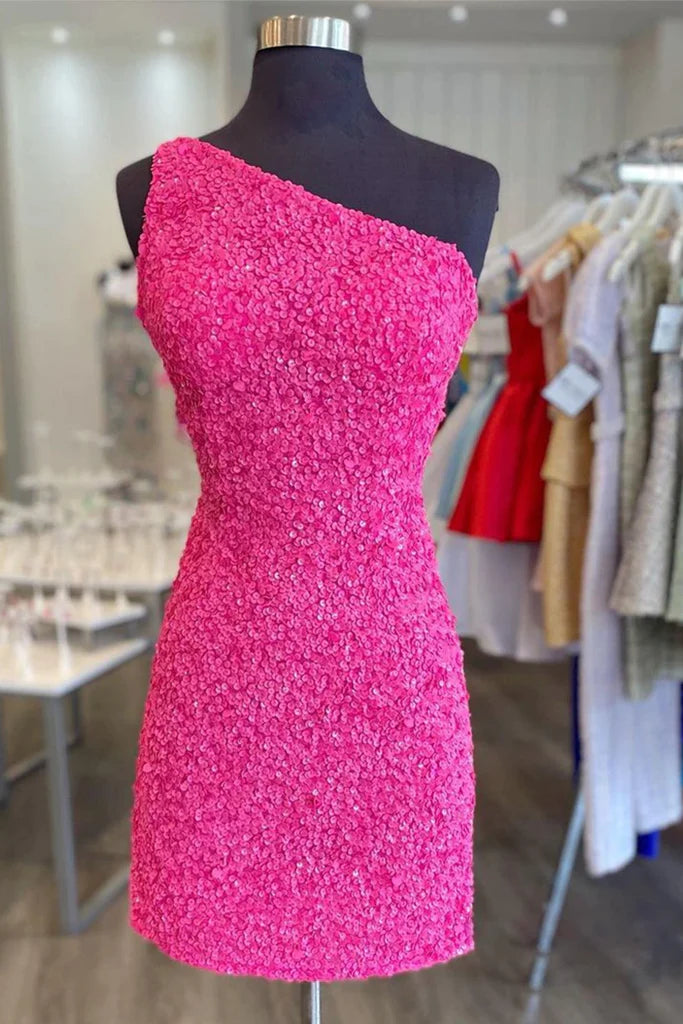 Dazzling A-Line One-Shoulder Sequined Hot Pink Short Homecoming Dress.