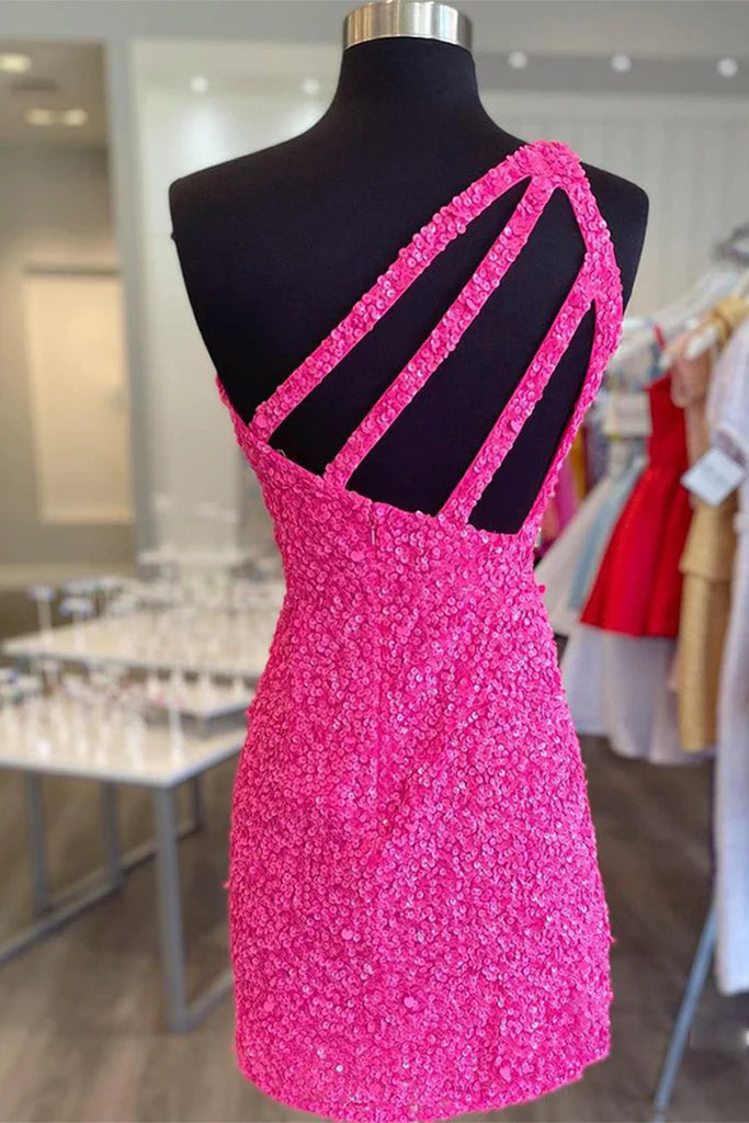 Dazzling A-Line One-Shoulder Sequined Hot Pink Short Homecoming Dress.