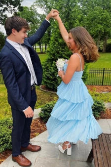 Dazzling A-Line Spaghetti-Strap Spaghetti-Strap Tiered Ruffle Prom Evening Dress