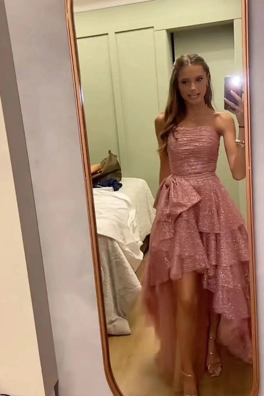 Dazzling A-Line Strapless Sleeveless High-Low Hi-Lo Tiered Bow Evening Dress